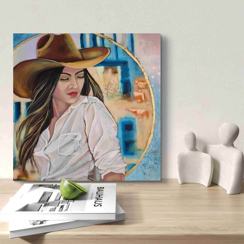 Painting of a woman wearing a hat on a table with a magazine and decorative items.