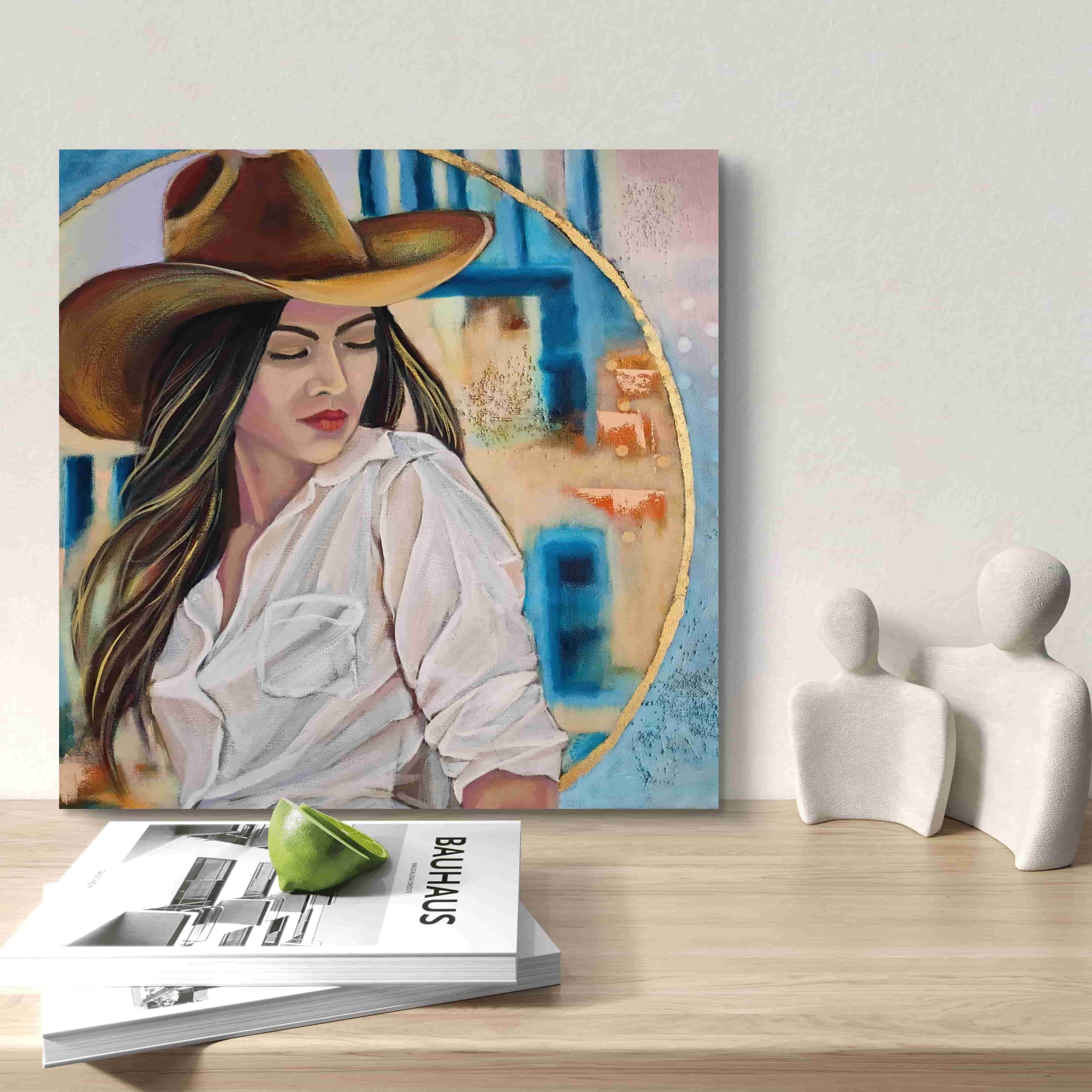 Painting of a woman wearing a hat on a table with a magazine and decorative items.