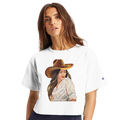 Woman wearing a white t-shirt with a graphic of a woman in a cowboy hat and sunglasses.