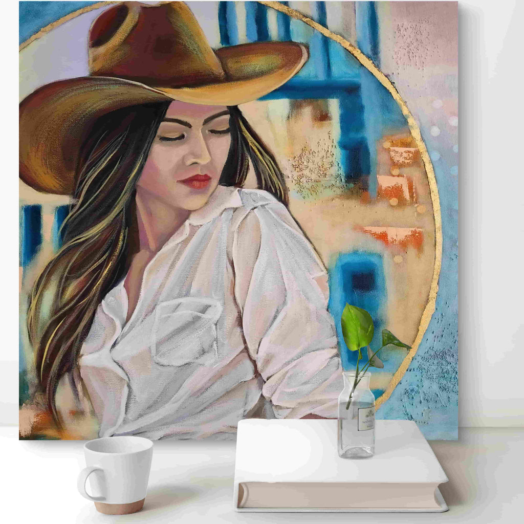 Artistic depiction of a woman wearing a hat with a decorative frame, placed on a surface with a cup and book.