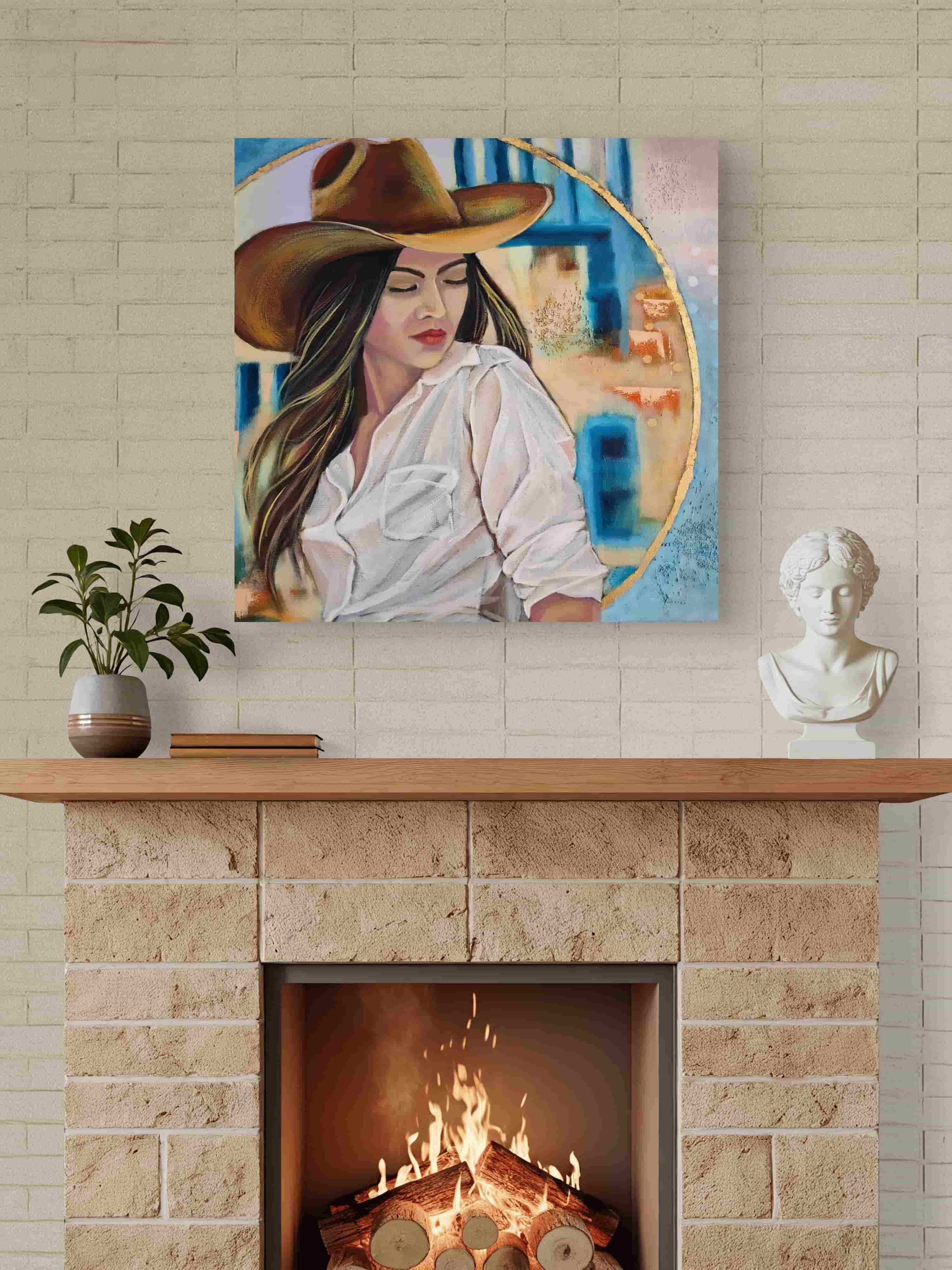Painting of a woman in a cowboy hat on a fireplace mantle with a plant and statue.