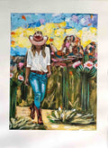 Colorful abstract painting of a woman in a cowboy hat and boots standing in a garden.
