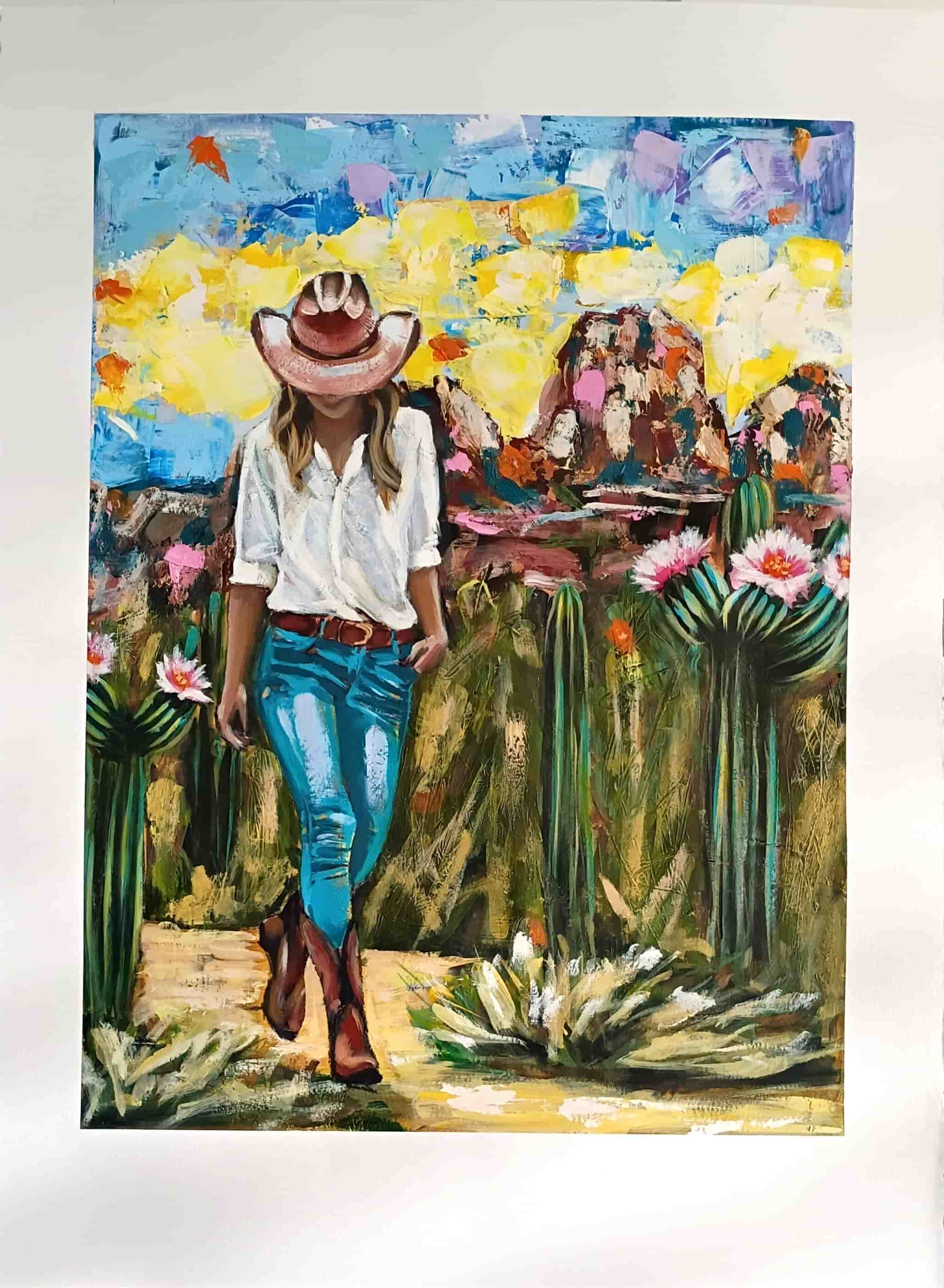 Colorful abstract painting of a woman in a cowboy hat and boots standing in a garden.
