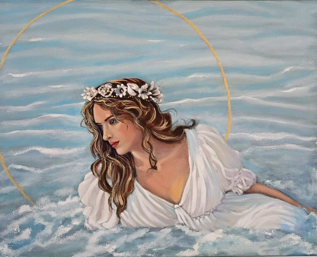 Woman in a white dress with a shell headband against a blue sky background