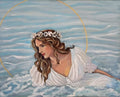Woman in a white dress with a shell headband against a blue sky background
