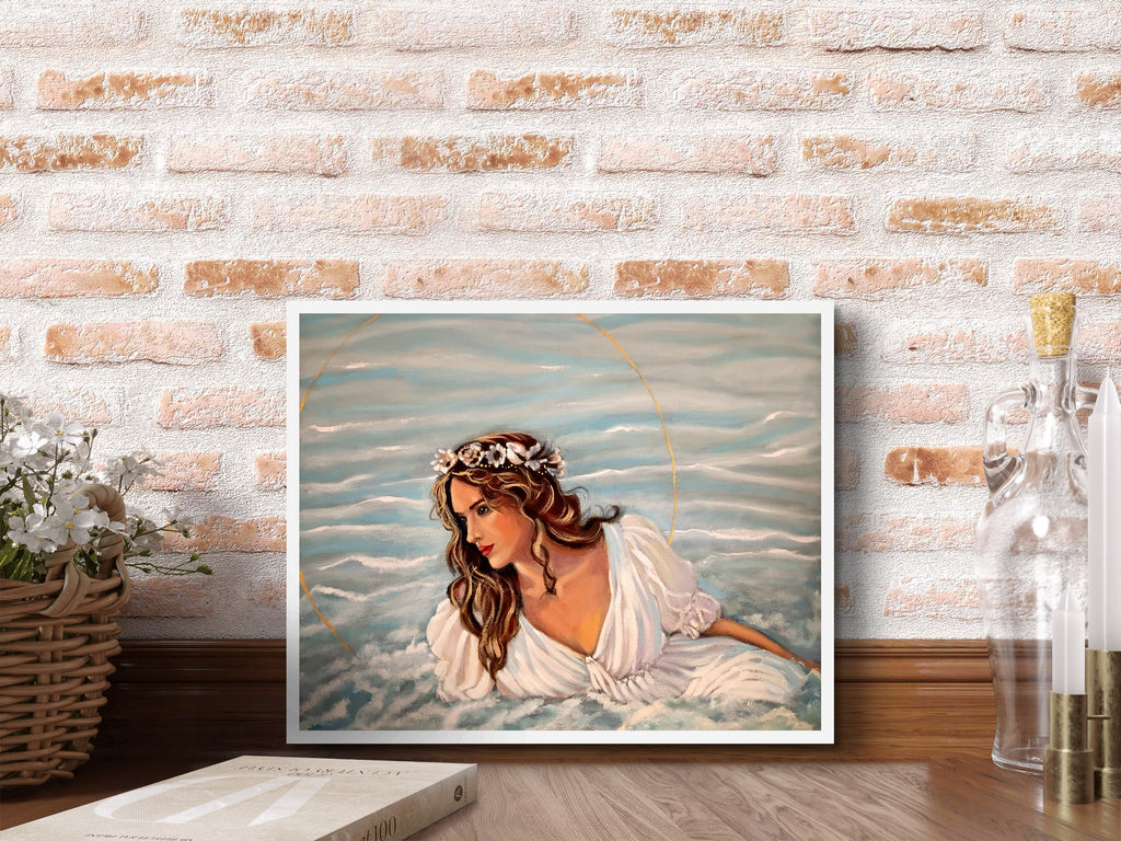 Framed artwork of a woman with long hair against a brick wall.