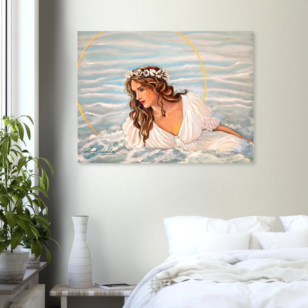 Painting of a woman with a halo in a bedroom setting
