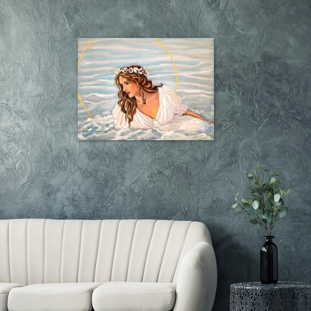 Painting of a woman with a halo on a gray wall above a white sofa.