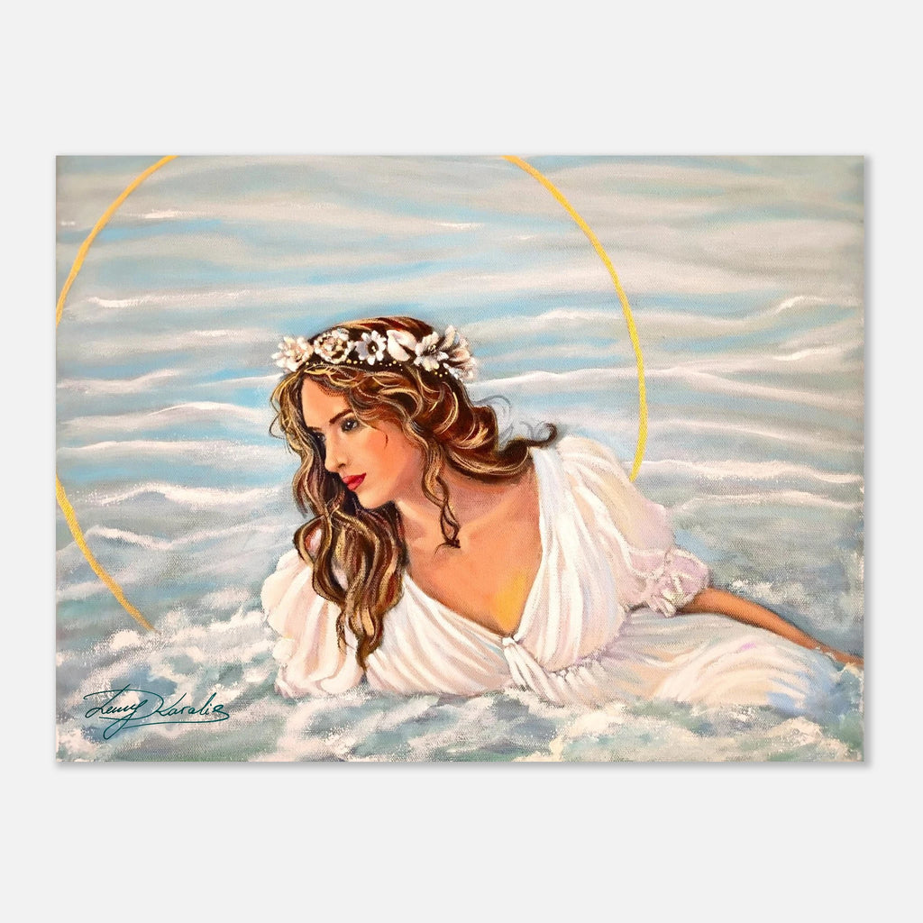Artistic depiction of a woman in a white dress with a floral crown against sea
 background