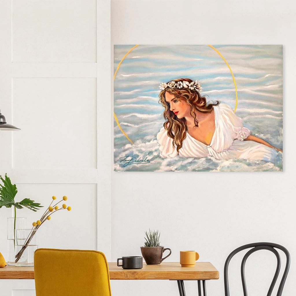 Artistic depiction of a woman in a white dress with a shell crown hanging above a dining table.