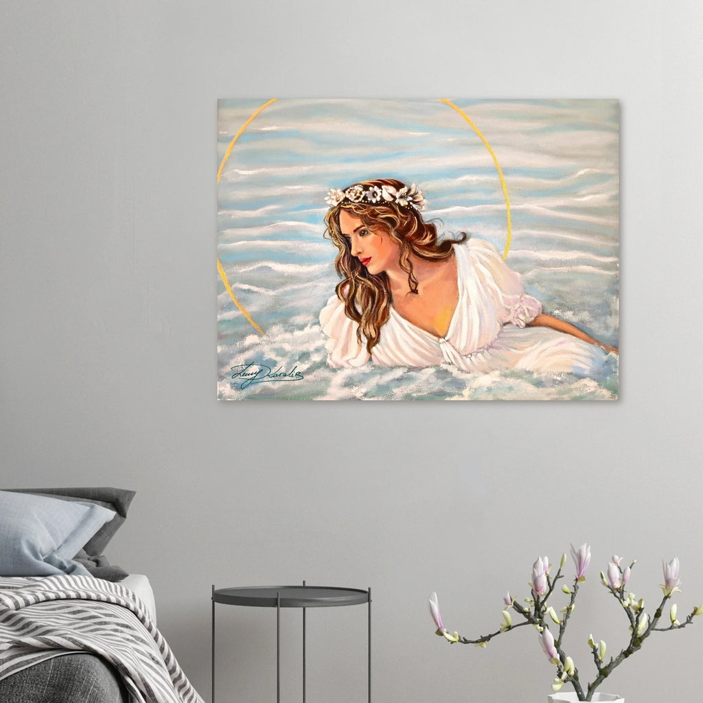 Painting of a woman in a white dress with a shell crown on a gray wall above a bed.