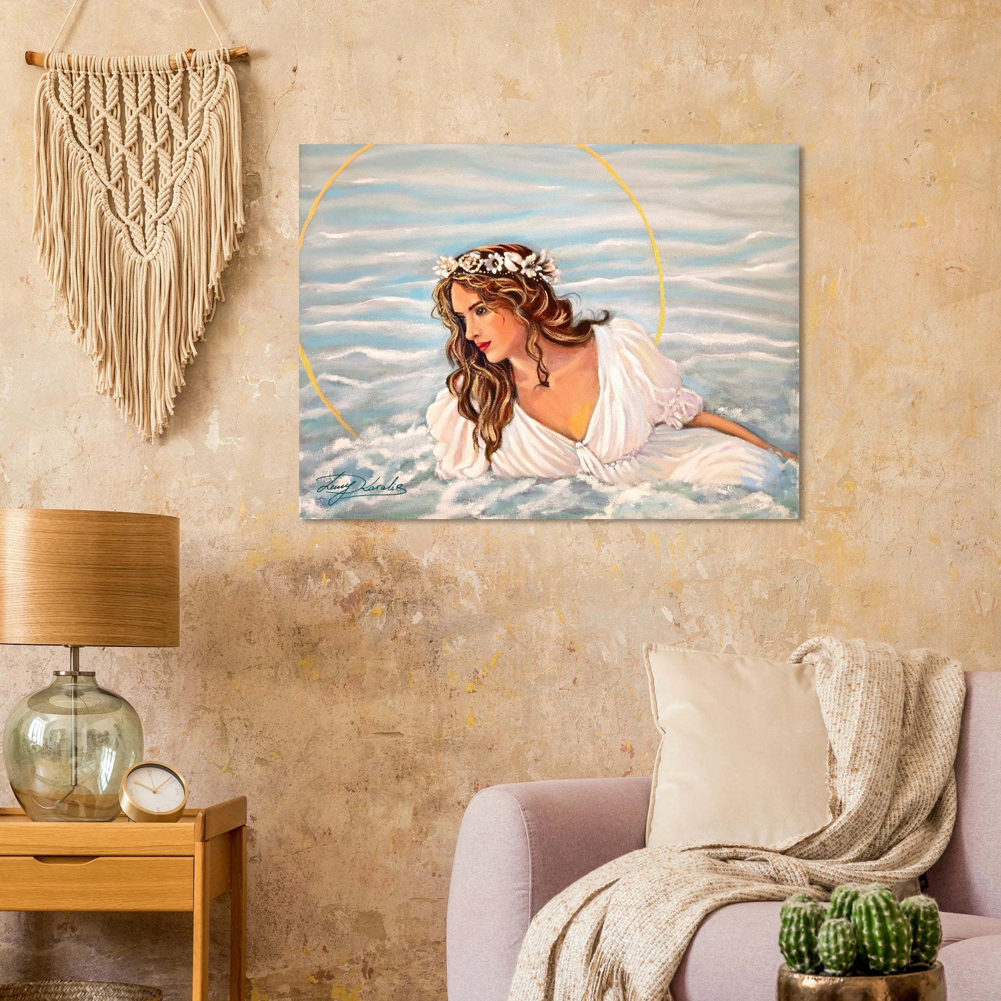 Living room with a painting of a woman in a white dress on the wall, a lamp, and a couch.