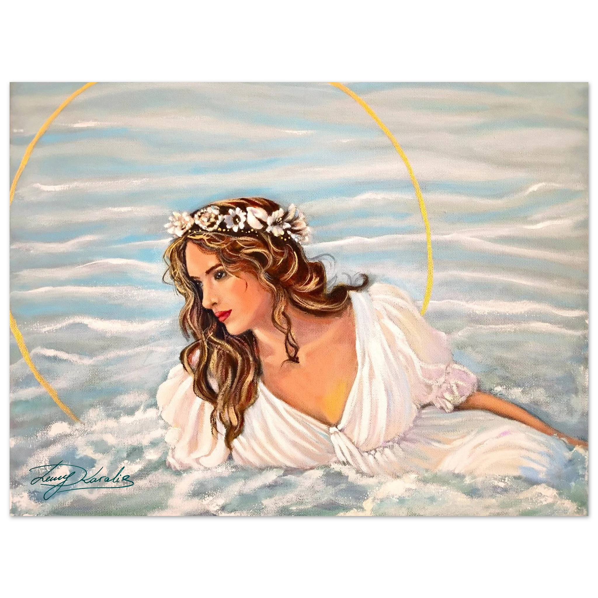 Artistic depiction of a woman in a white dress with a floral headband against a sky background