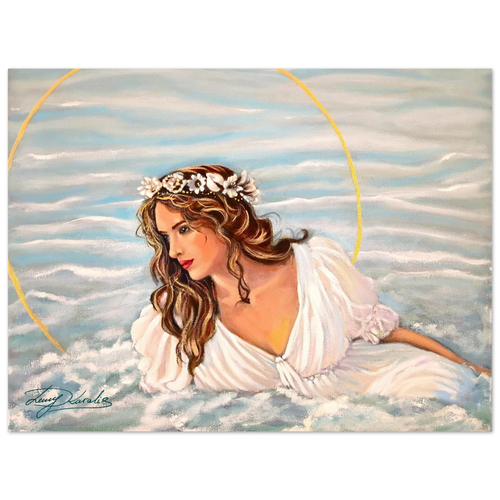 Artistic depiction of a woman in a white dress with a floral headband against a sky background