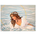 Artistic depiction of a woman in a white dress with a shell crown, set against a blue sky with clouds.