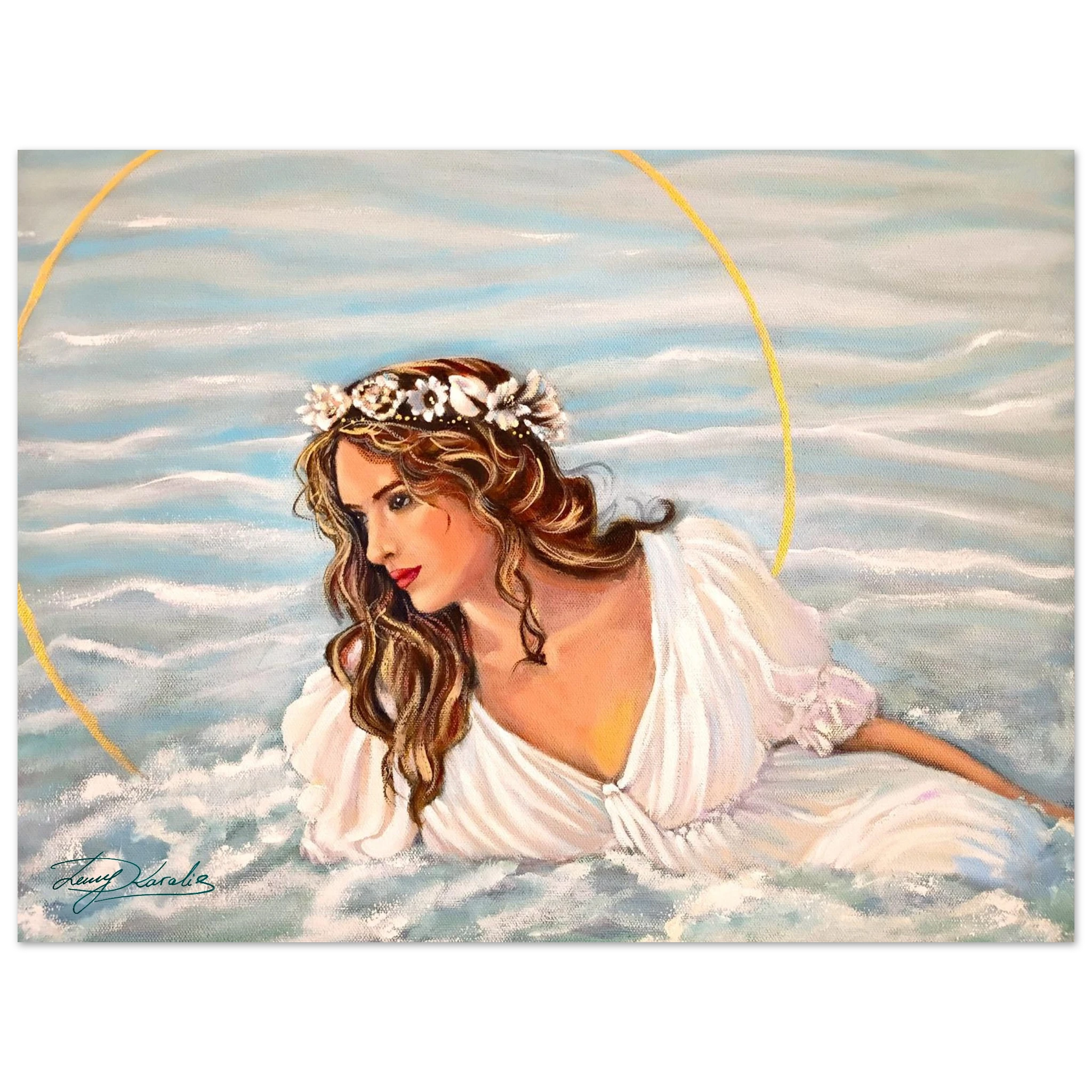 Artistic depiction of a woman in a white dress with a shell crown, set against a blue sky with clouds.