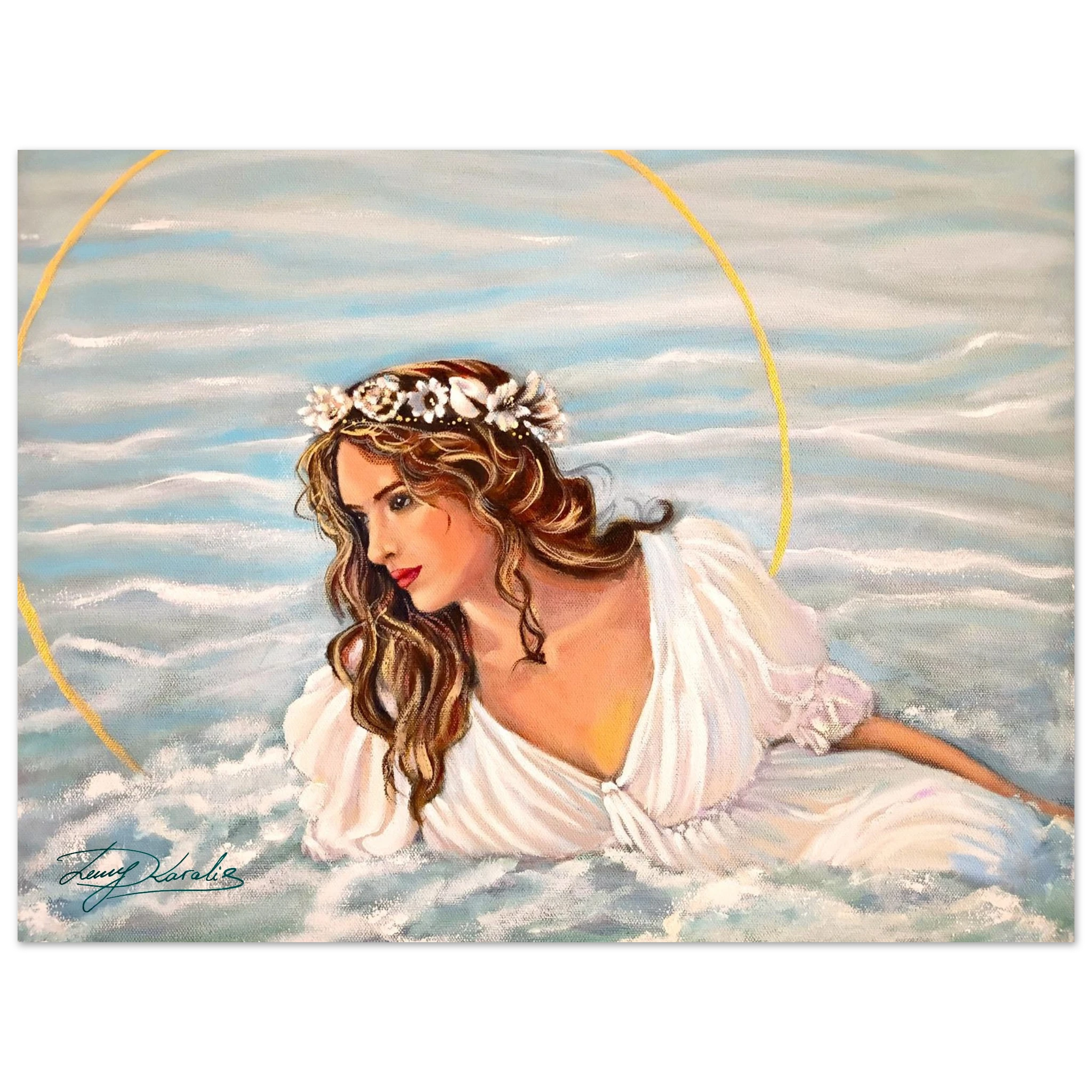 Artistic depiction of a woman in a white dress with a shell headband against a sea background