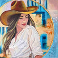 Artistic depiction of a woman wearing a wide-brimmed hat with a colorful, abstract background.