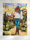 Painting of a person in a cowboy hat and boots standing in a desert landscape with cacti and flowers.