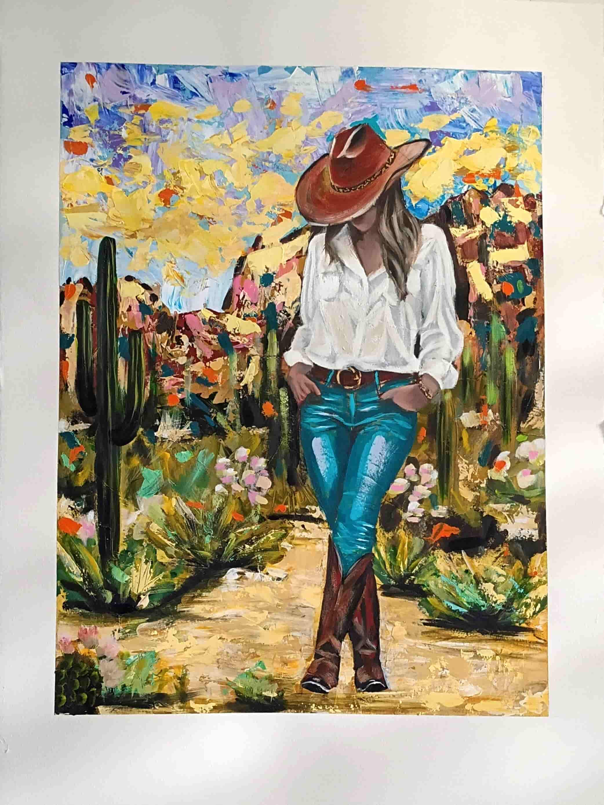 Painting of a person in a cowboy hat and boots standing in a desert landscape with cacti and flowers.