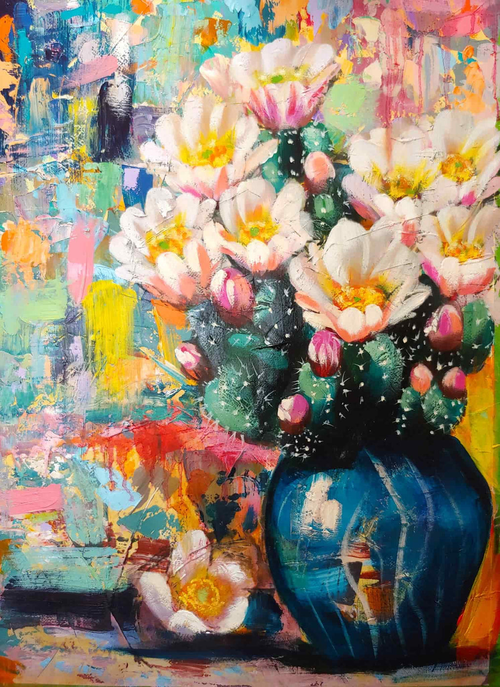 Colorful abstract painting of a vase with flowers on a textured background