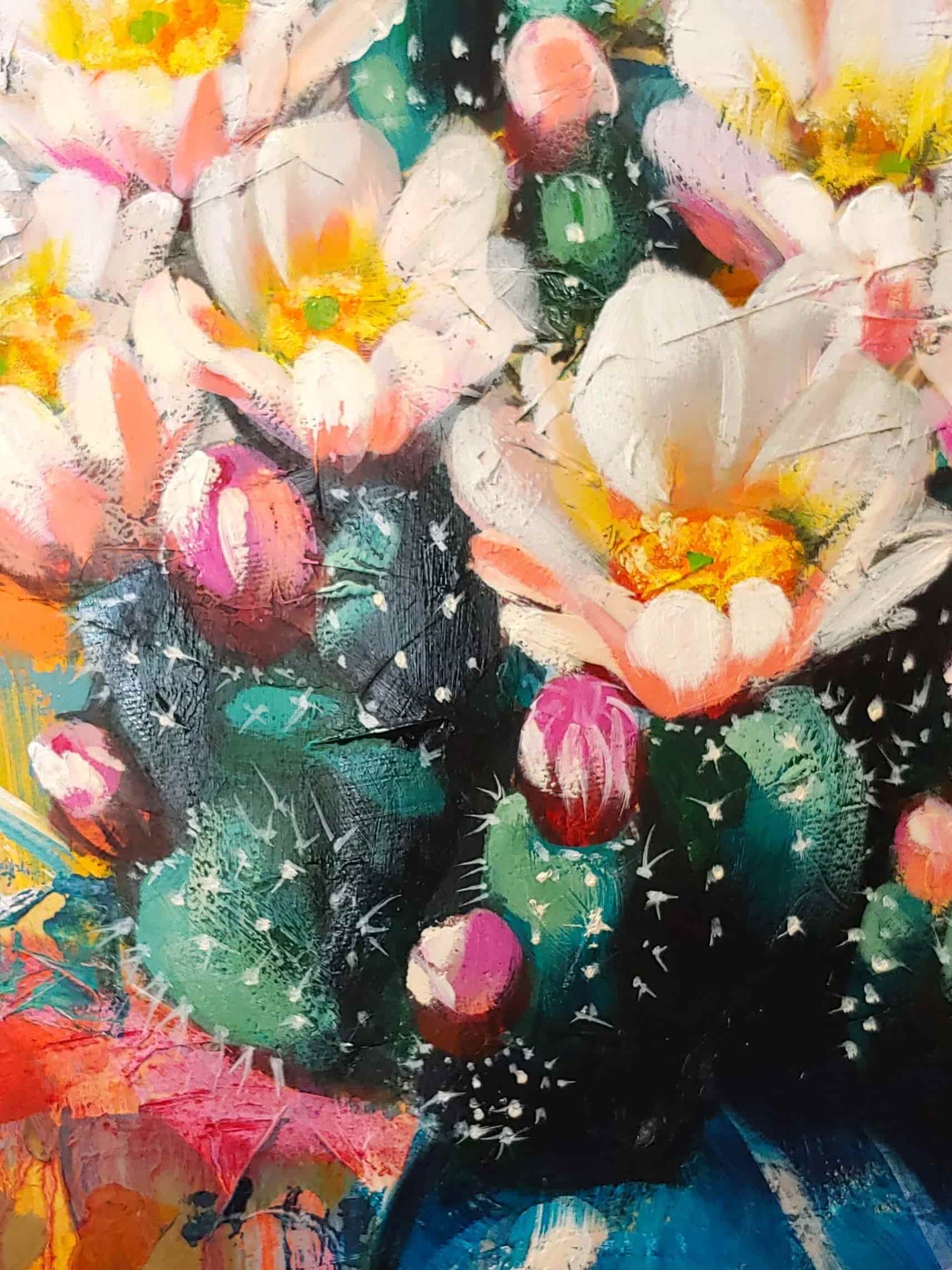 Colorful abstract painting of flowers and cacti