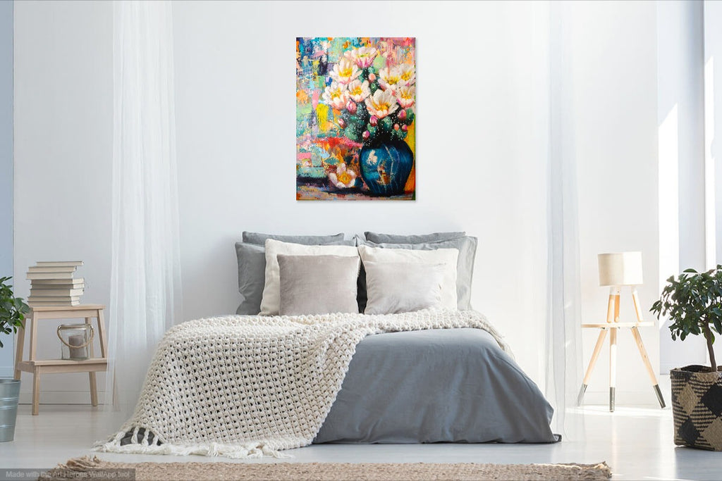 Bedroom with a colorful floral painting on the wall