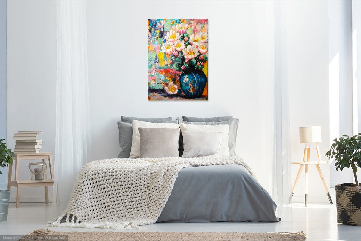 Bedroom with a colorful floral painting on the wall
