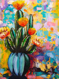 Colorful abstract painting of a cactus with flowers