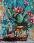Colorful painting of a cactus with pink flowers on a textured background