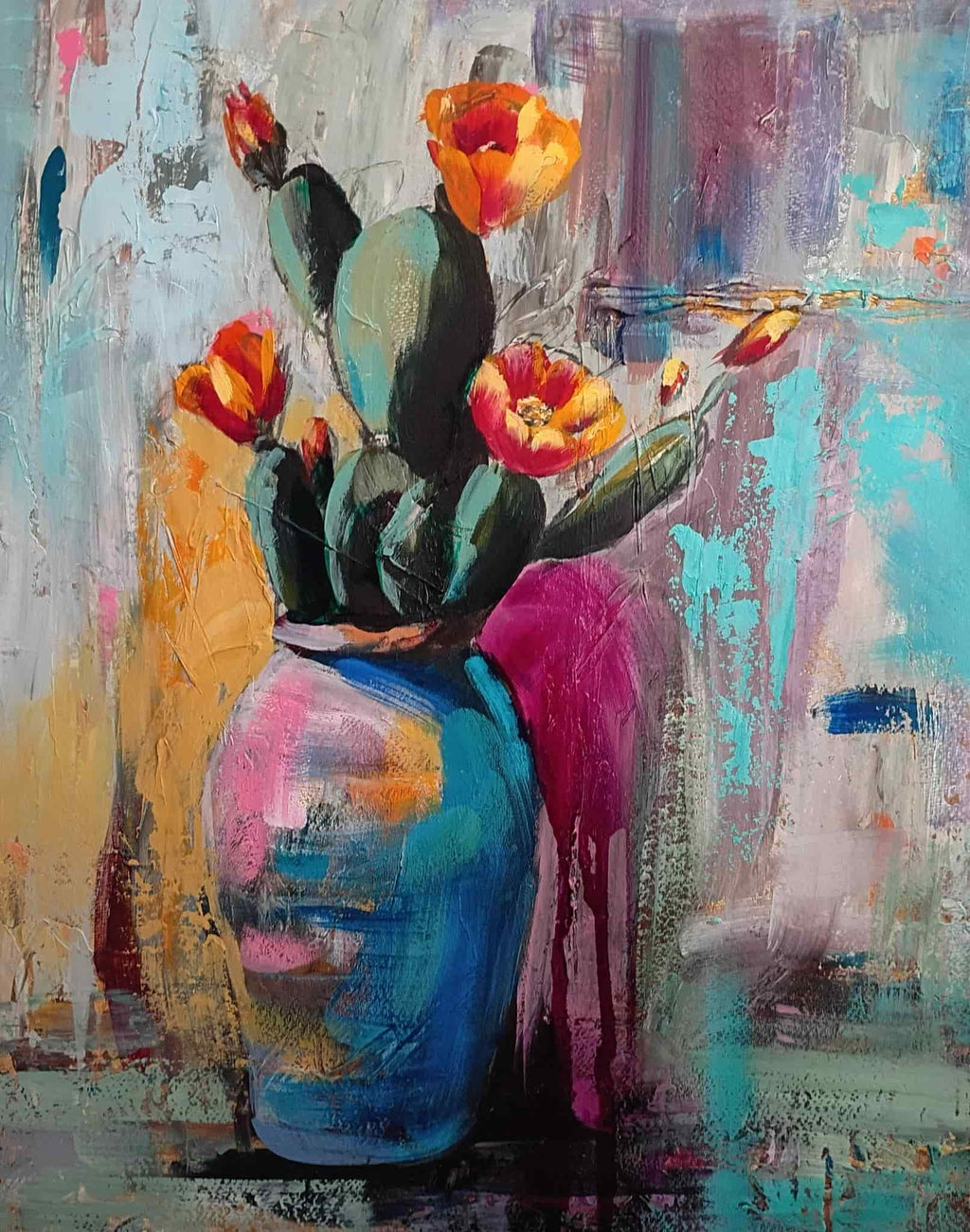 Abstract painting of a cactus with flowers in a blue vase.