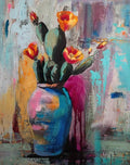 Abstract painting of a cactus with flowers in a blue vase.
