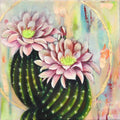 Painting of a cactus with pink flowers on a colorful background