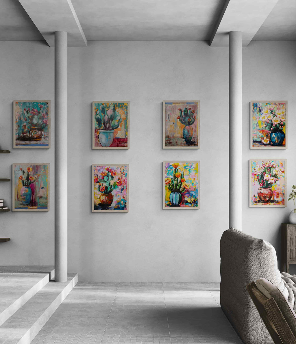 Living room with colorful floral paintings on a white wall