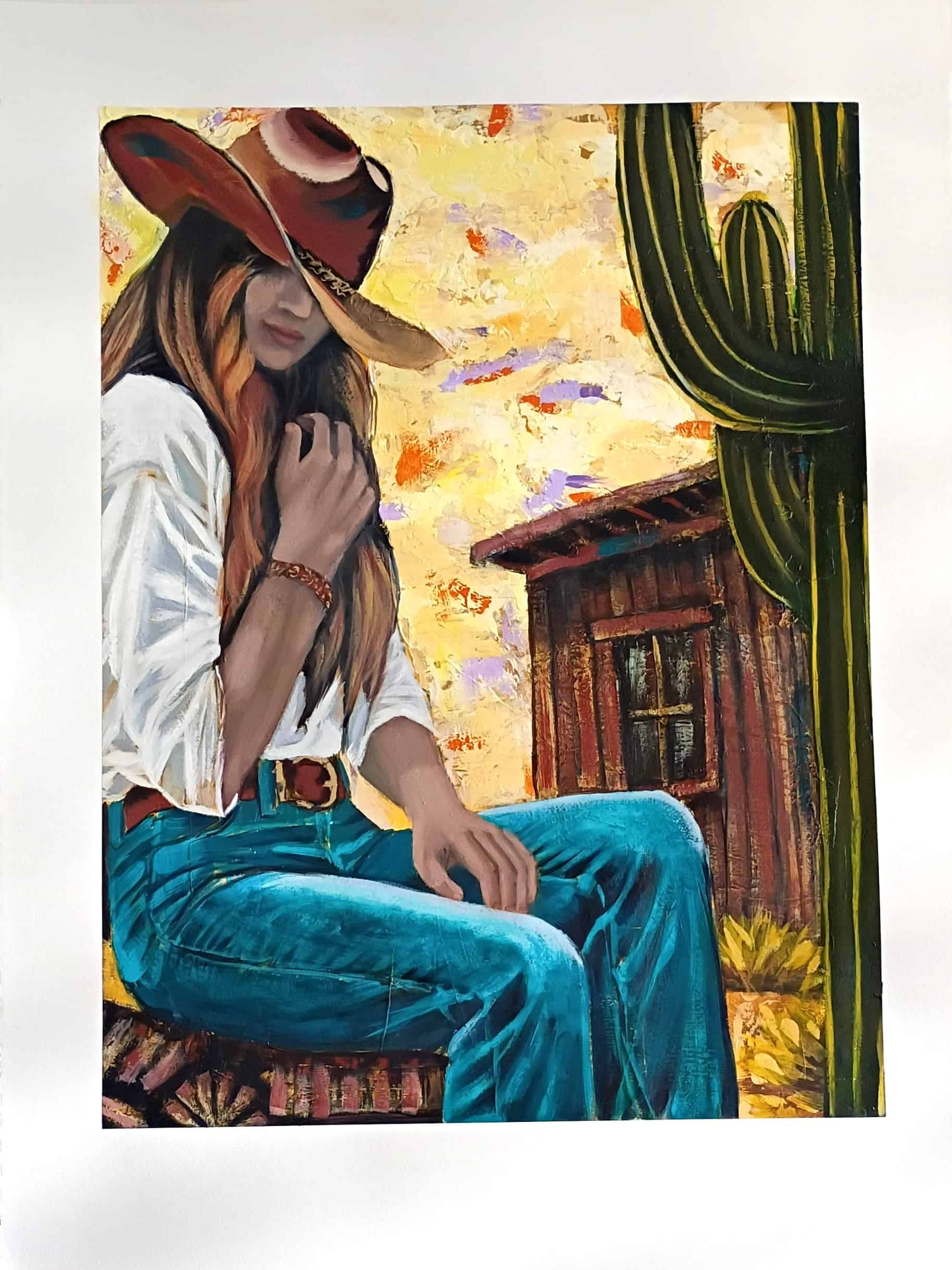 Painting of a person in cowboy attire sitting in front of a wooden cabin with cacti.