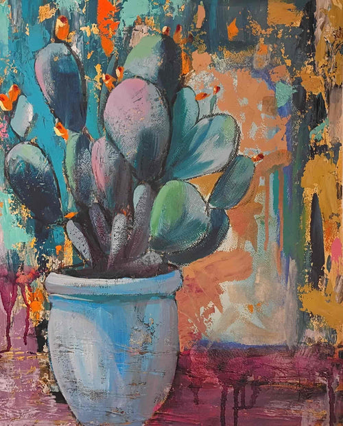 Colorful abstract painting of a potted plant with a textured background