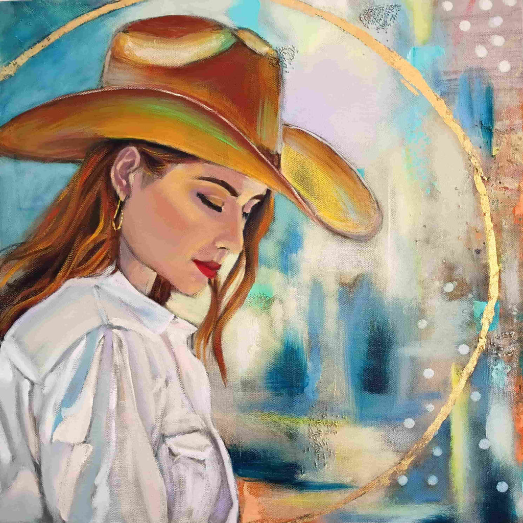 Artistic depiction of a woman wearing a wide-brimmed hat with abstract background
