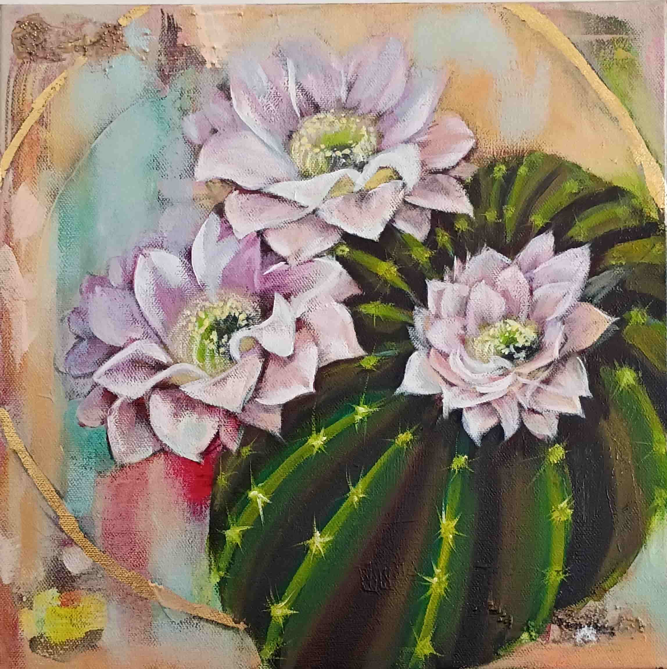 Painting of a cactus with pink flowers on a textured background