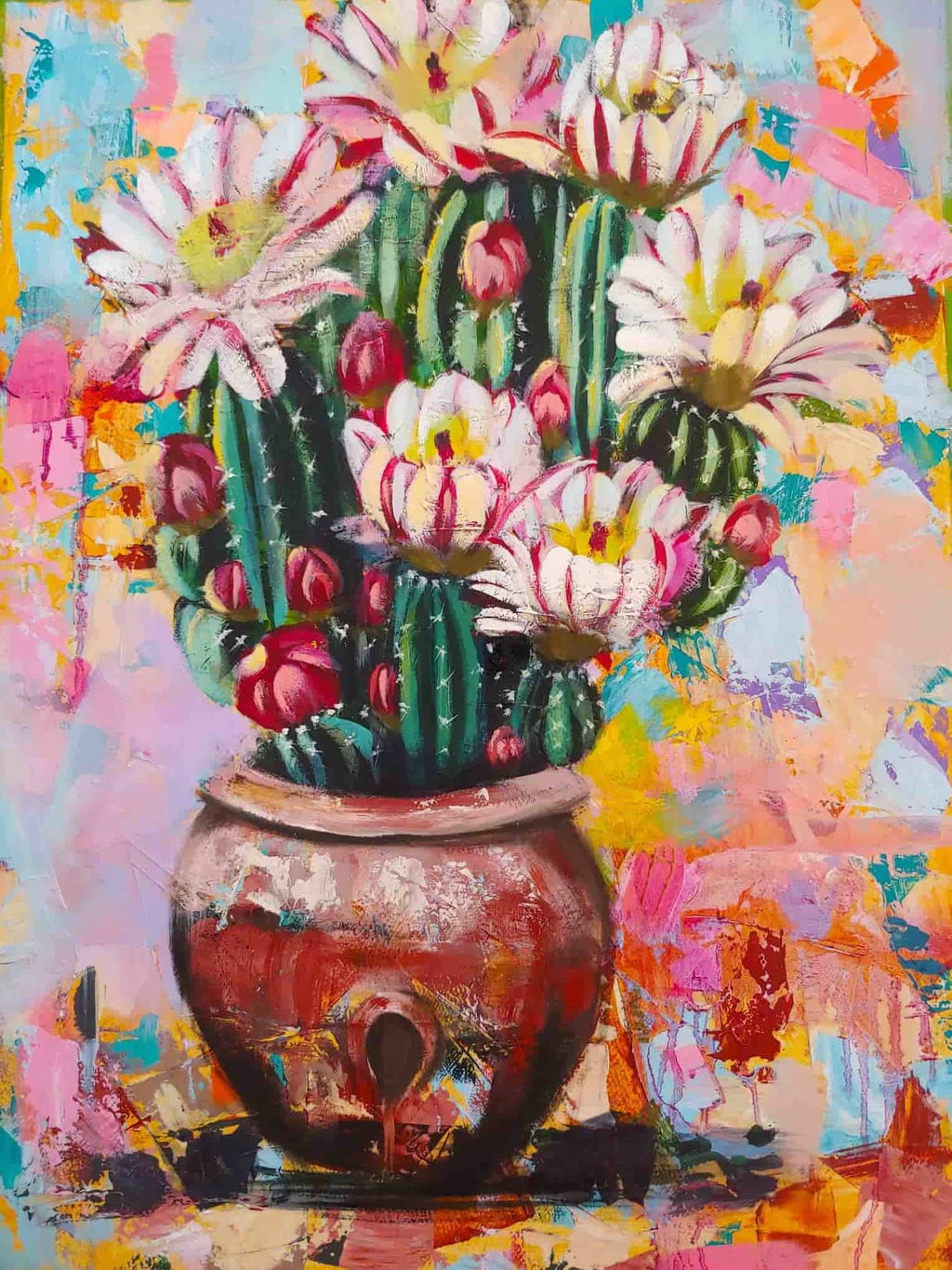 Colorful painting of a cactus with flowers in a vase against a multicolored background