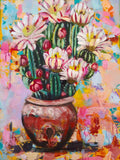 Colorful painting of a cactus with flowers in a vase against a multicolored background