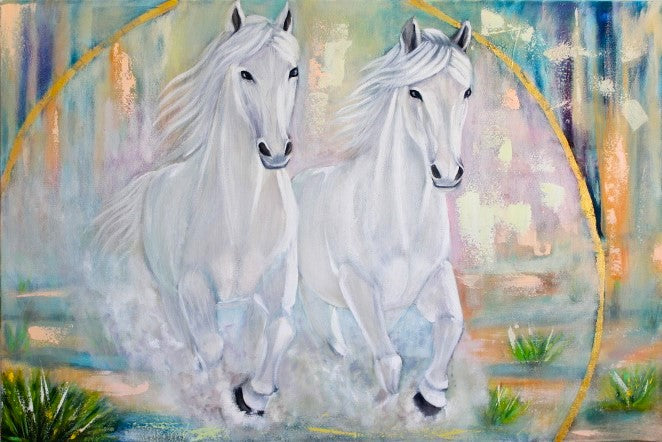 Two white horses running side by side in a colorful, abstract setting.