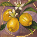 Painting of lemons with flowers on a purple background