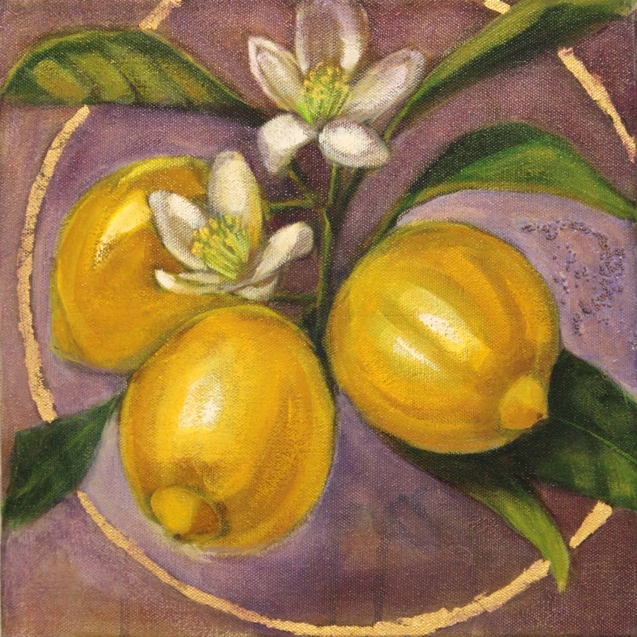 Painting of lemons with flowers on a purple background
