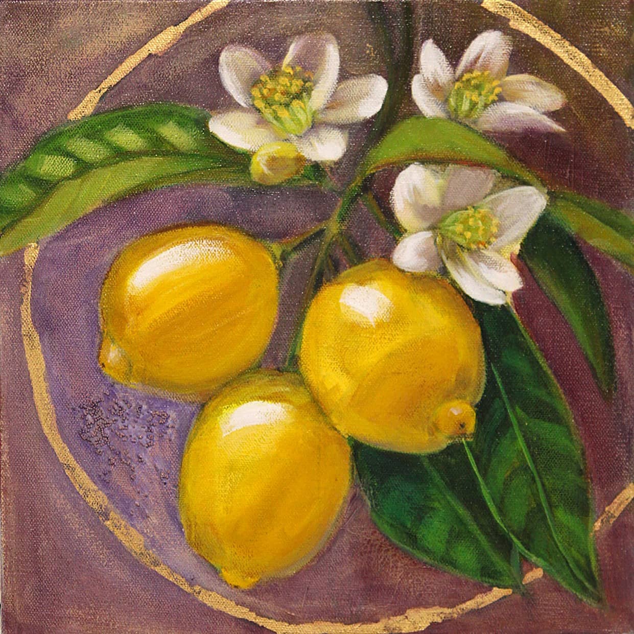 Artistic depiction of lemons and lemon flowers on a textured background