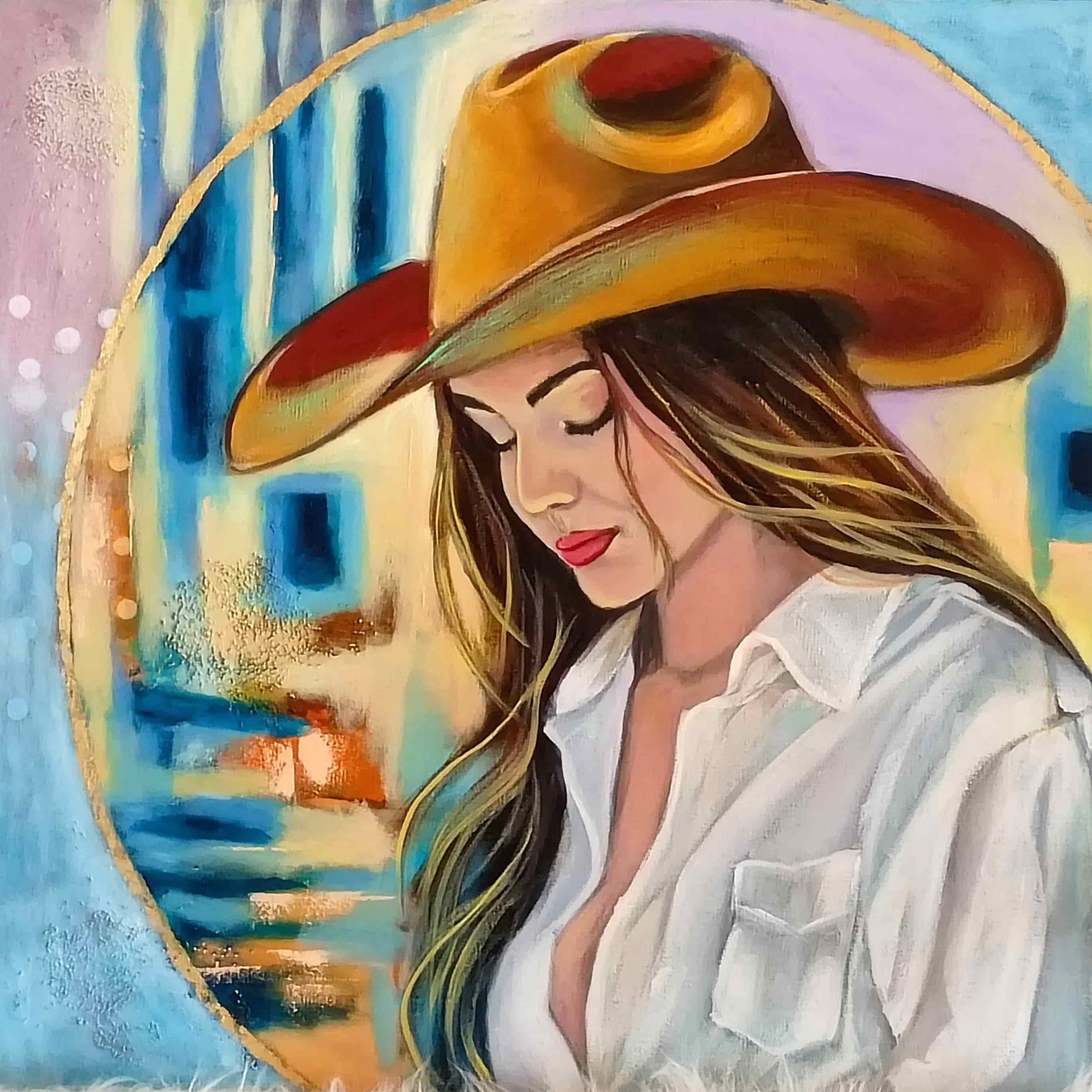 Artistic depiction of a woman wearing a large hat with abstract background