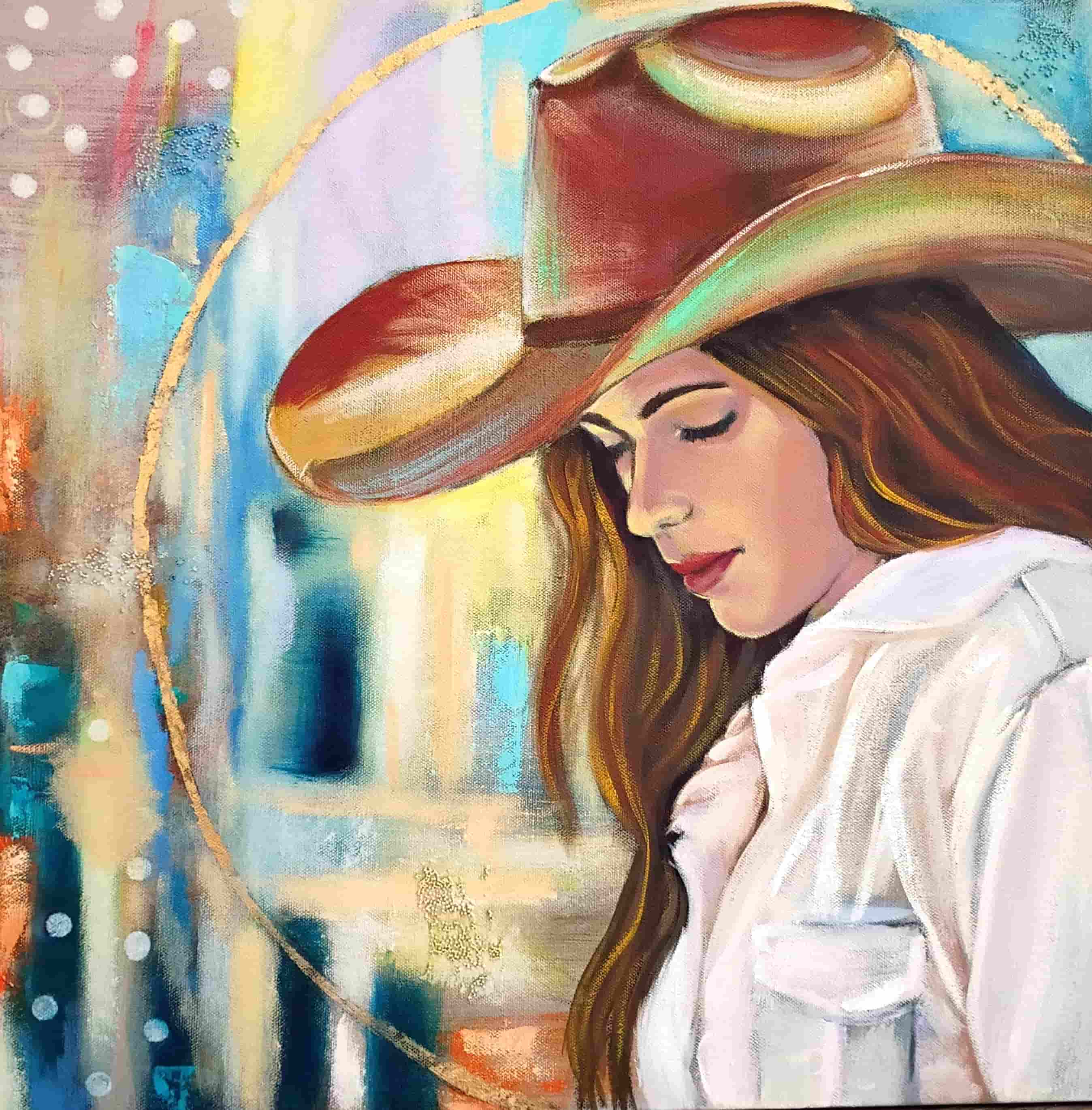 Artistic depiction of a woman wearing a large hat with abstract background