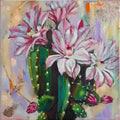 Artistic depiction of cacti with pink flowers on a textured background