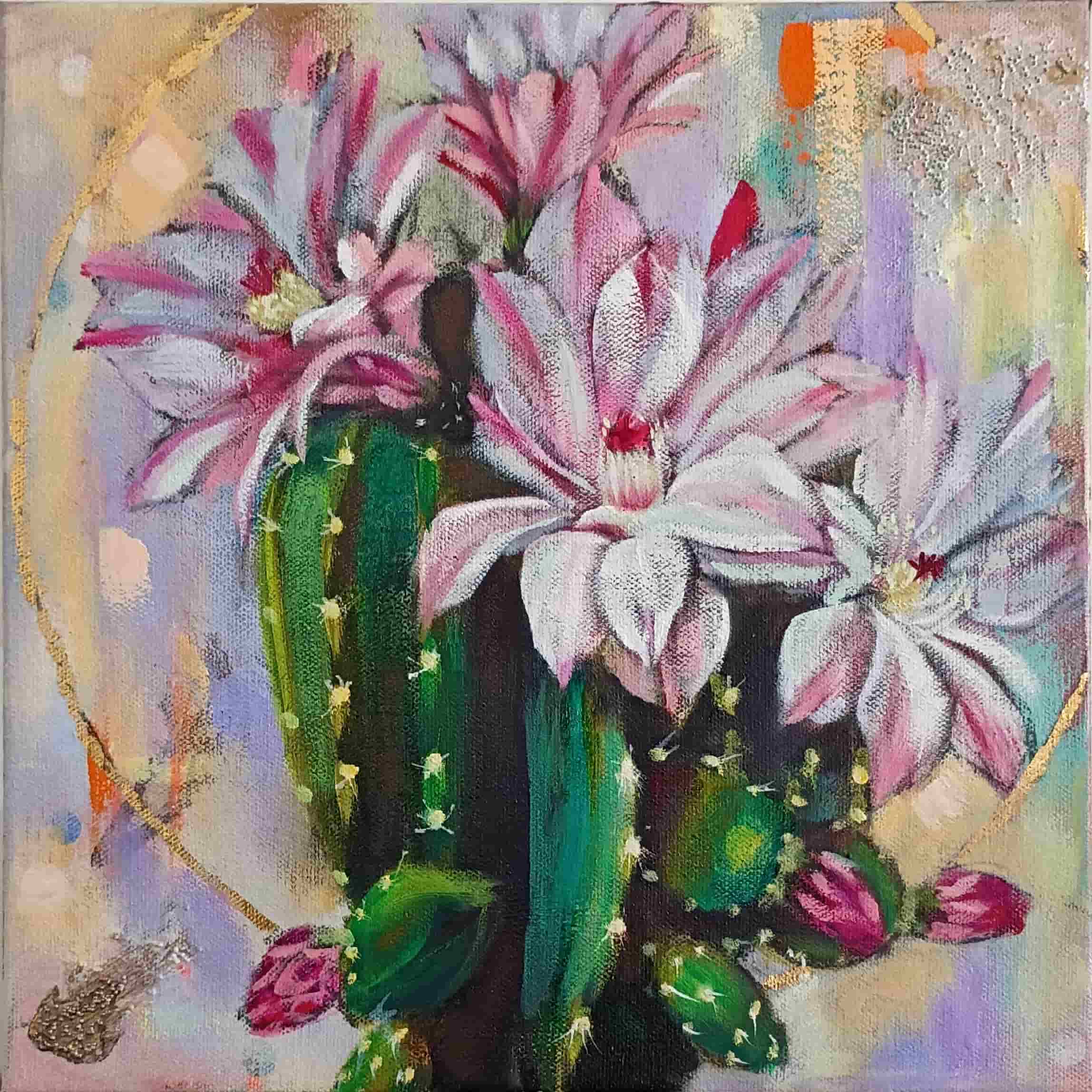 Artistic depiction of cacti with pink flowers on a textured background