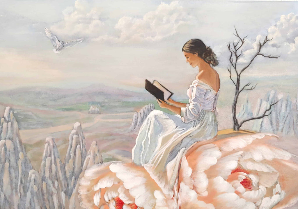 Woman reading a book in a scenic landscape with mountains and a dove.