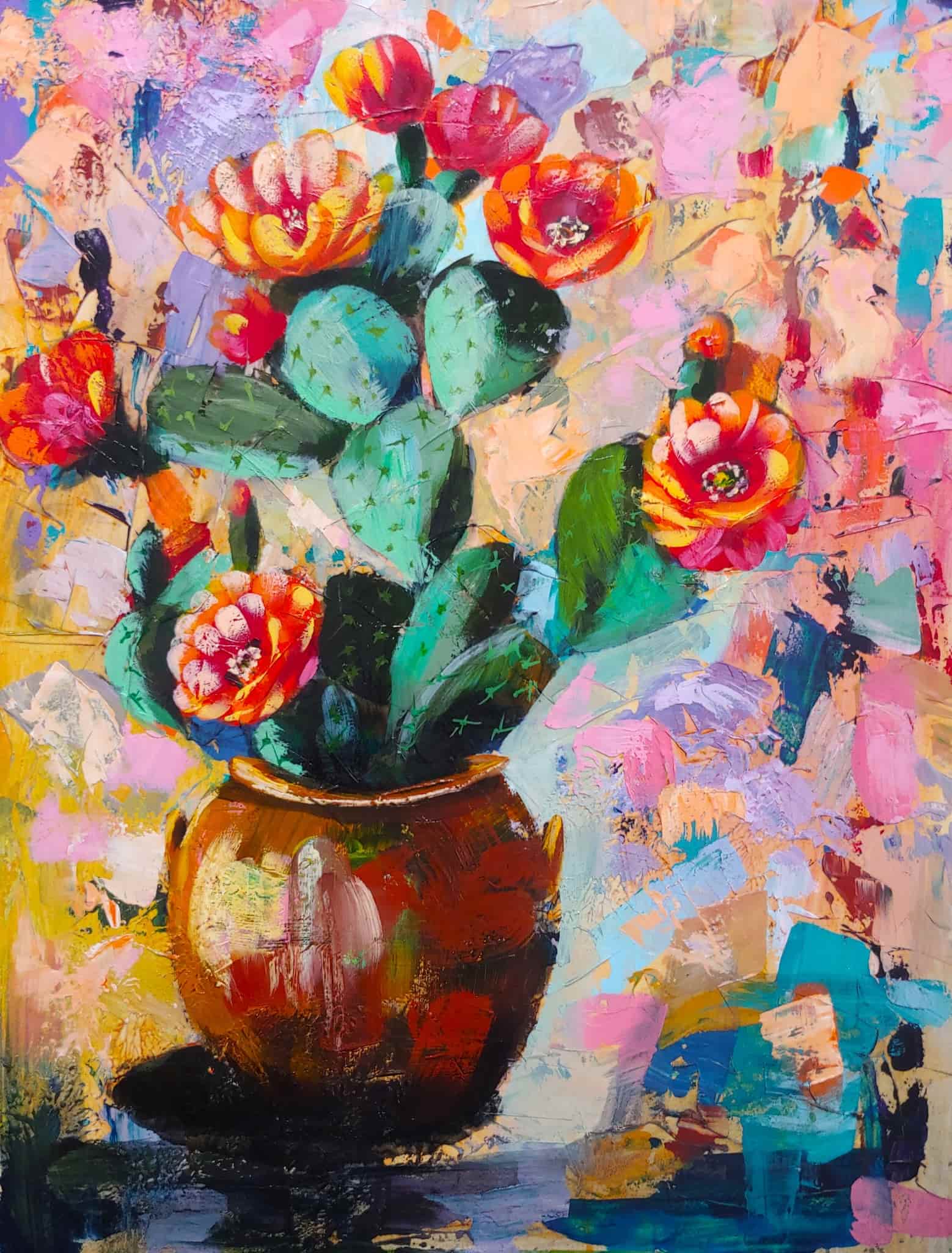 Colorful painting of a cactus with flowers in a vase against a vibrant abstract background.